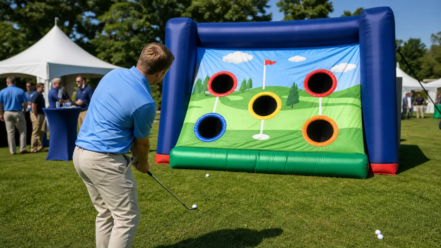 Jeux de golf gonflables : guide du chipping, des cages de practice et des greens de putting pour événements