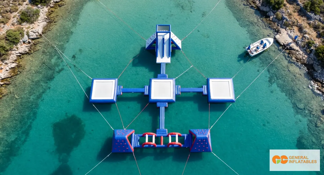 Aerial view of a modular inflatable water park showing distinct module clusters in a sheltered bay