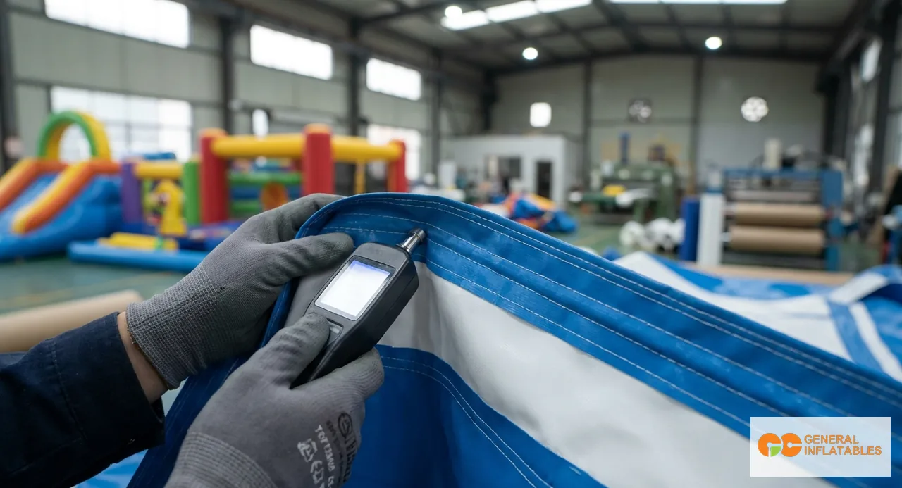 Inflatable factory production floor showing welded seams on commercial bouncer panels