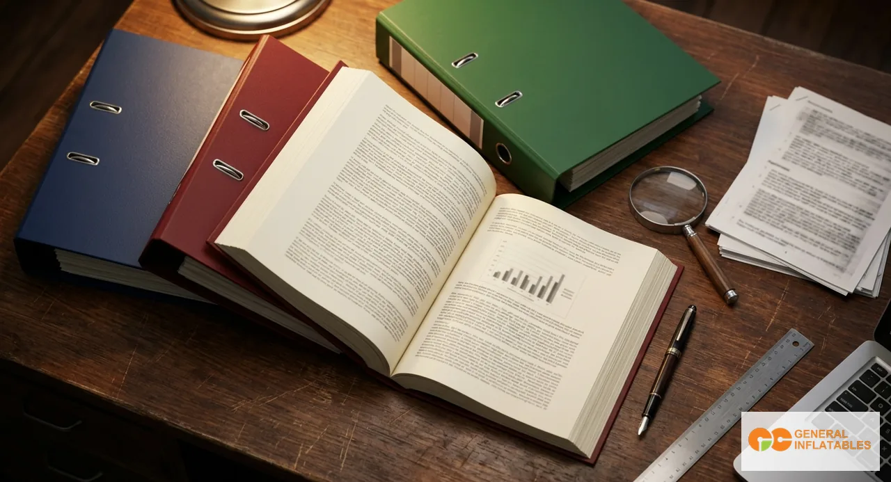 Stack of commercial inflatable certification test reports including EN 14960, TÜV, and RPII documents on a desk