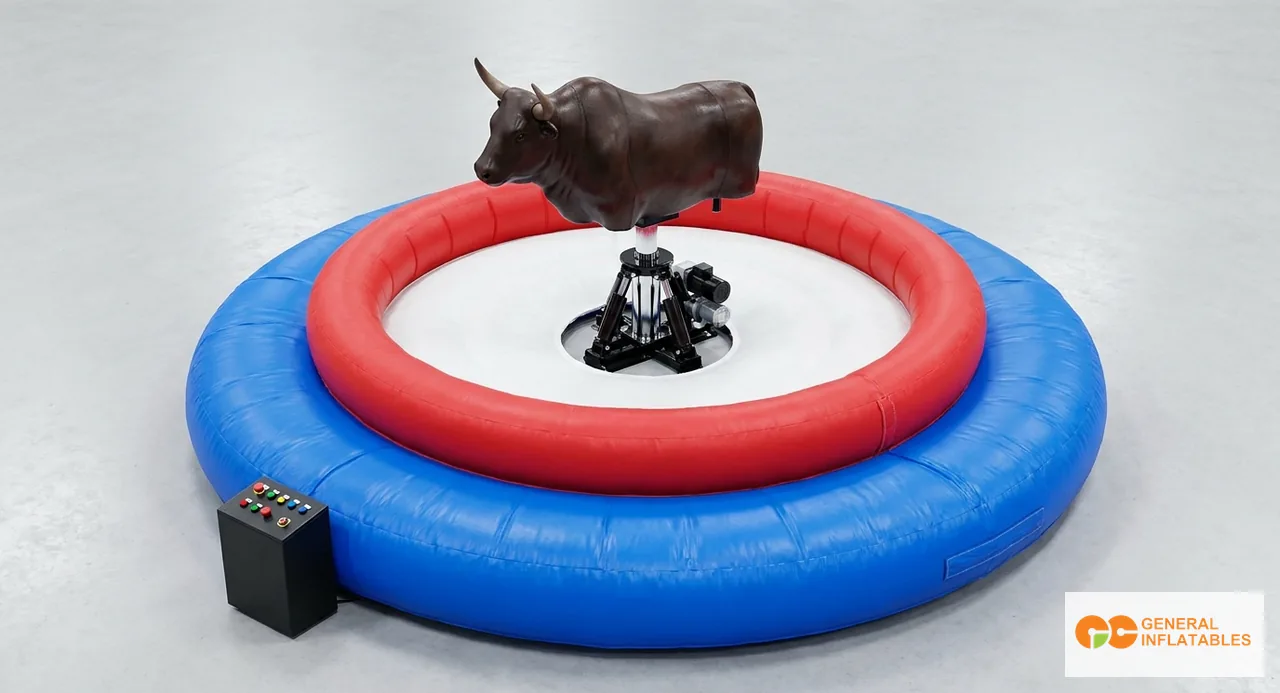 Inflatable mechanical bull ride at a festival showing the bull body on a hydraulic base in the center of a circular padded crash pad with raised sidewalls