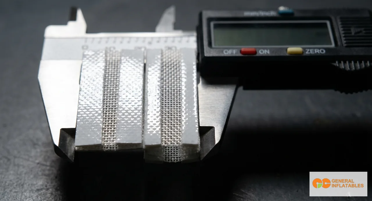 Side-by-side cross-section view of 1000D and 1100D PVC tarpaulin samples showing scrim layer differences and coating thickness measured with a digital caliper