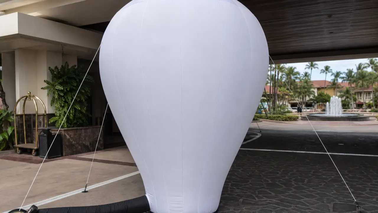 Inflatable arch and cold-air balloon at a retail entrance
