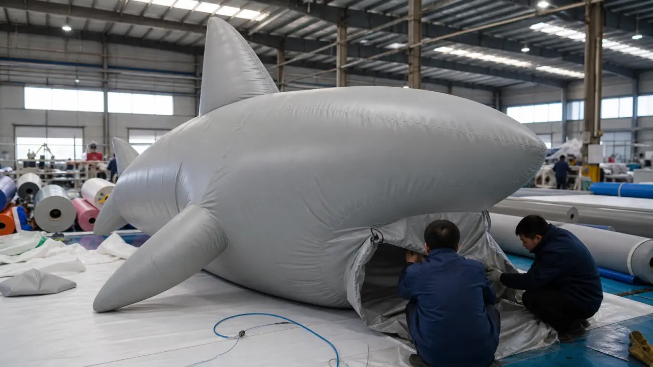 Custom-branded inflatable mascot being set up at an outdoor event