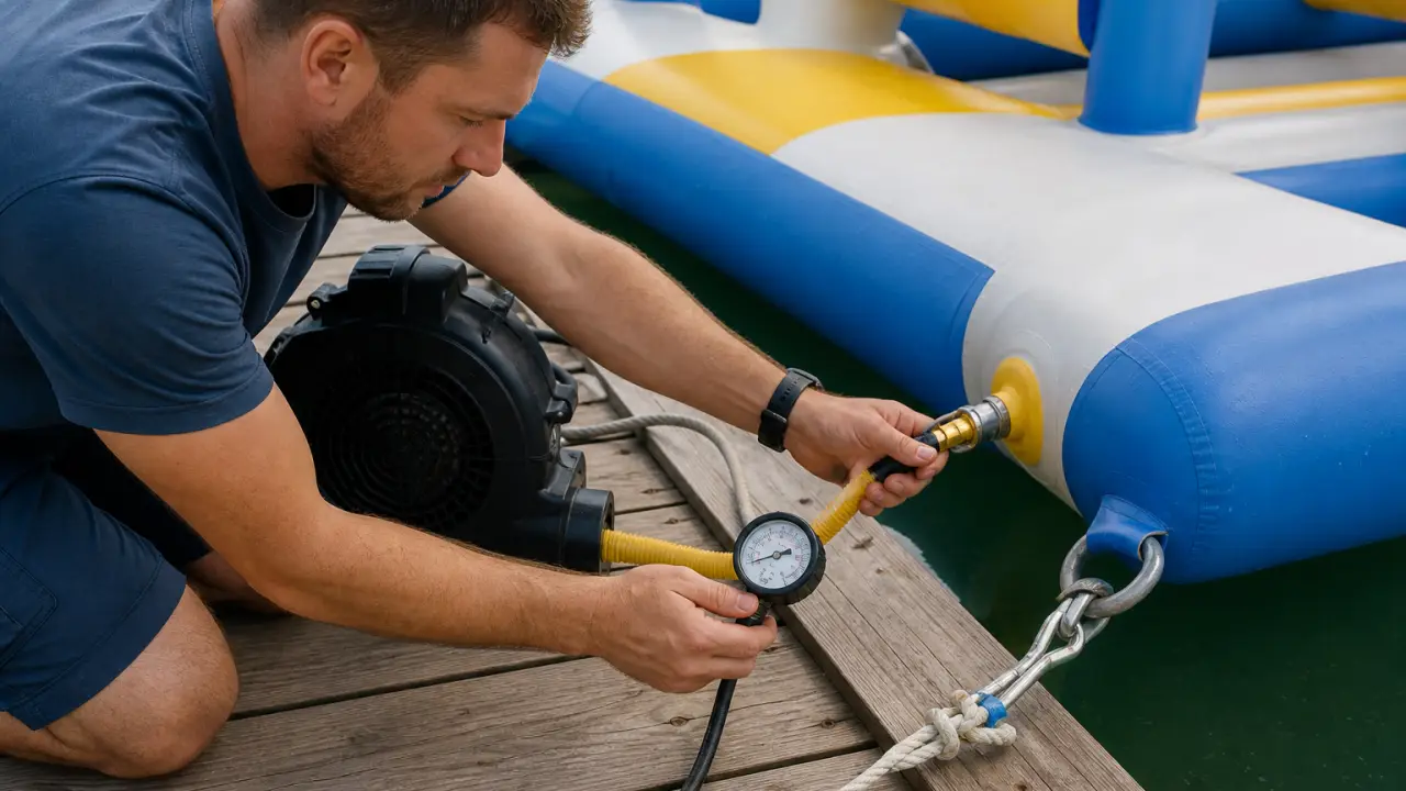 Maintenance technician checking blower and anchor point on an inflatable water park module