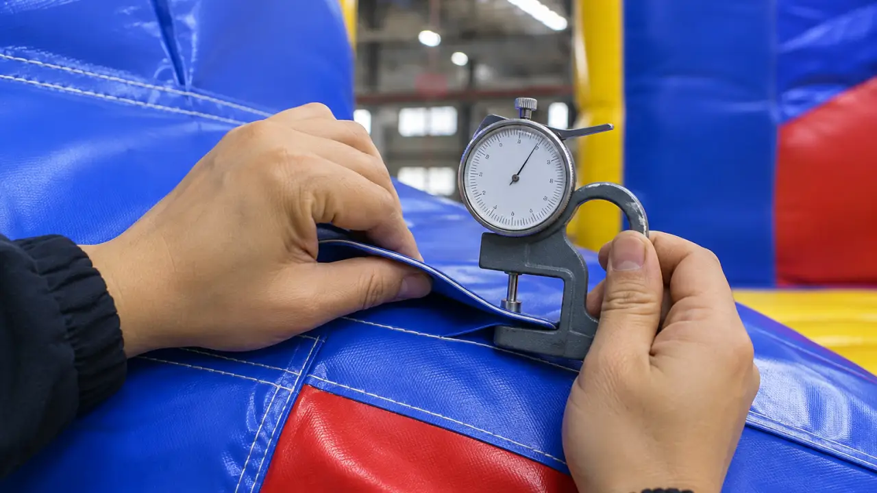 Inspecting an inflatable bounce castle's PVC seam quality with a thickness gauge