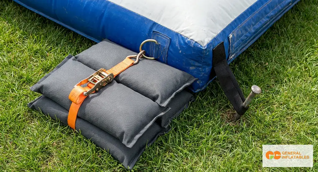 Top-down photograph of a commercial bounce house corner showing four sandbags stacked in a 2x2 pattern with anchor strap clipped to the inflatable's D-ring