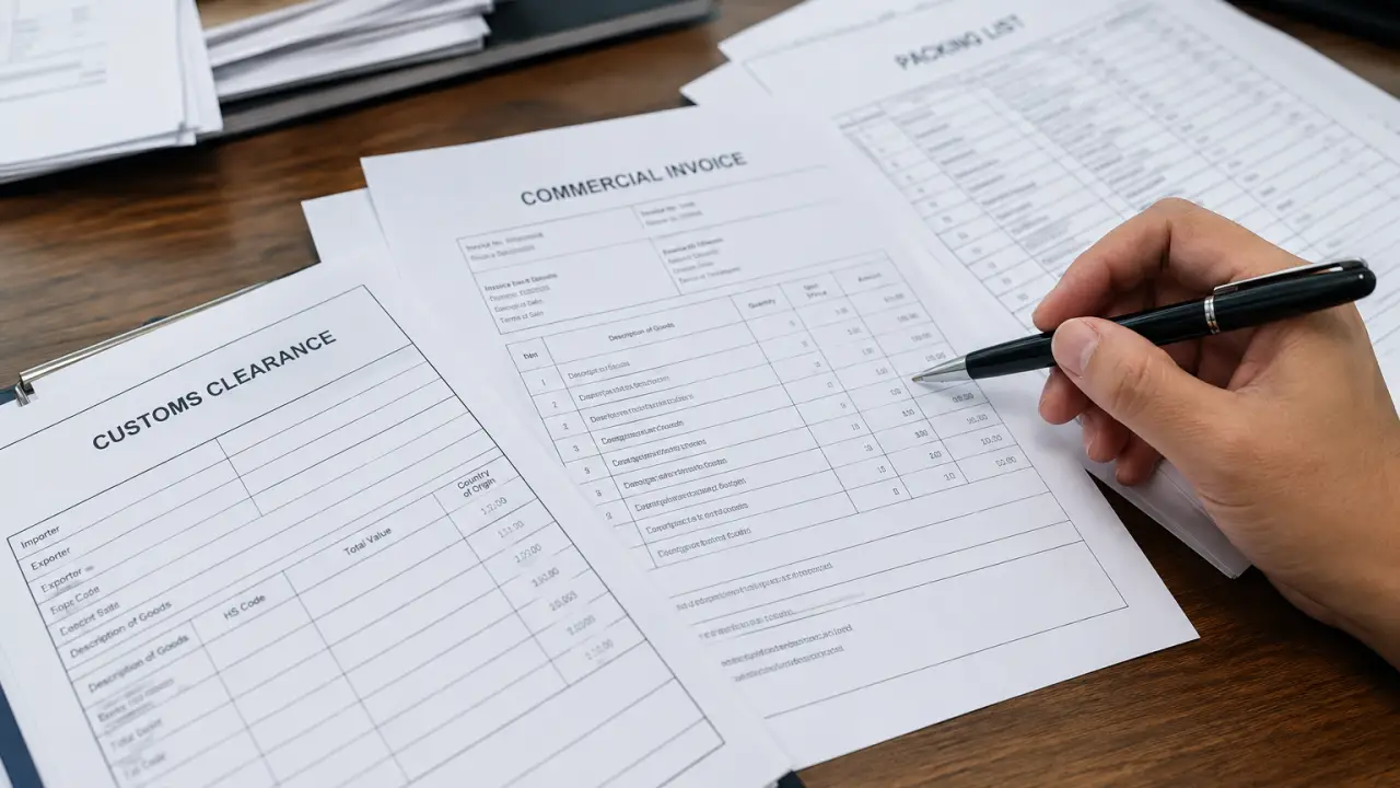 Customs broker reviewing shipping documents at a Latin American port