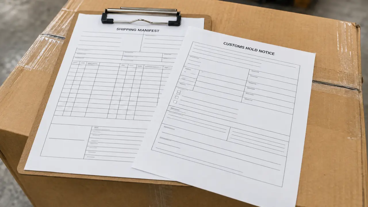 Customs hold notice and shipping manifest documents
