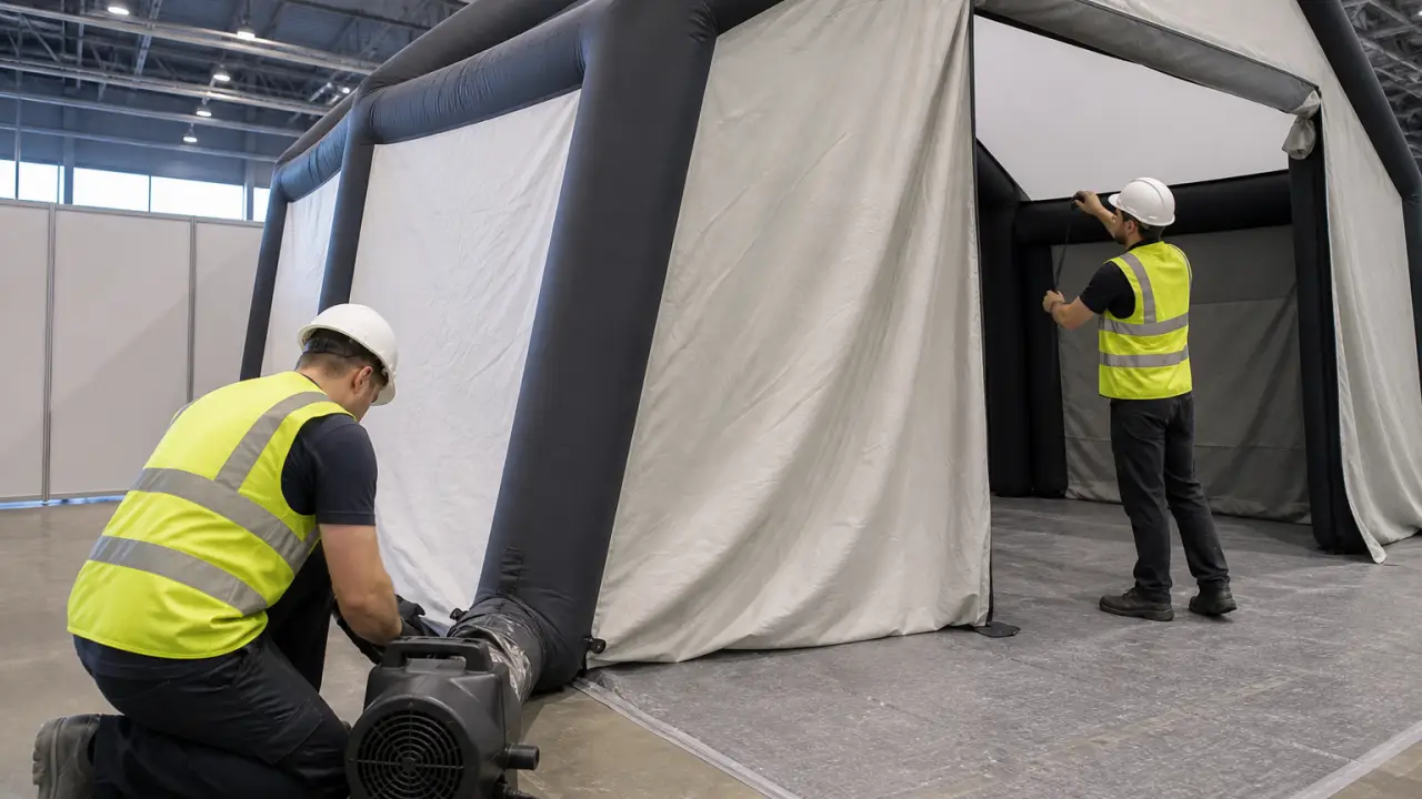 Inflatable event tent being set up at a German trade show exhibition hall