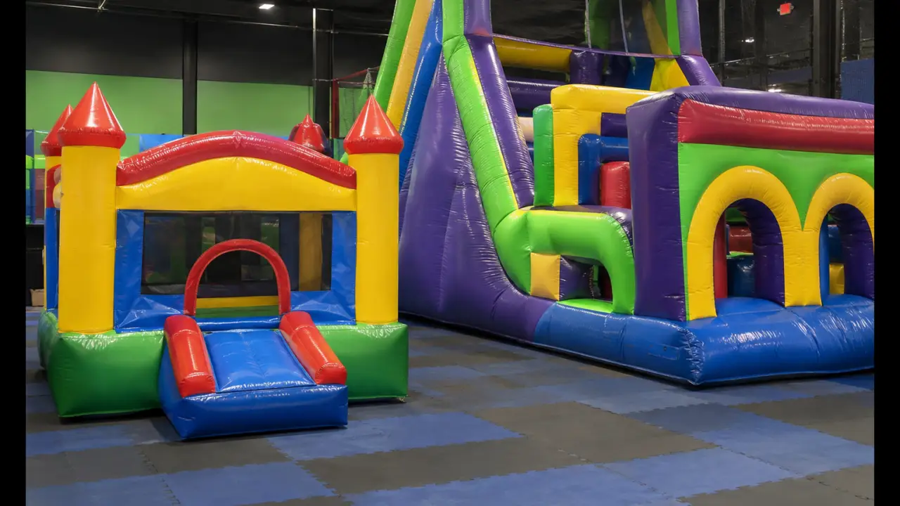 Toddler-sized inflatable bounce castle next to a taller obstacle course unit inside a family entertainment center