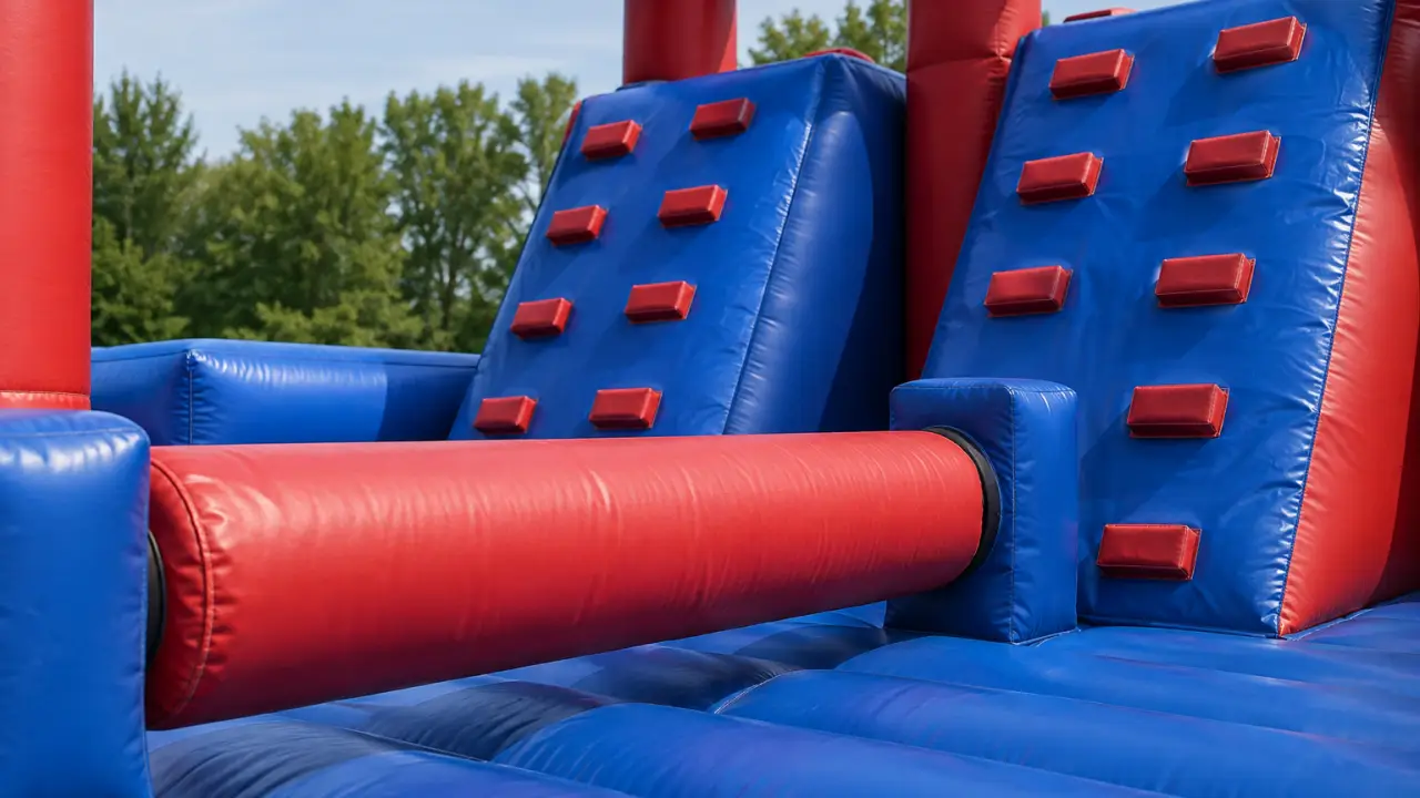 Rolling log and angled climbing wall stations on an inflatable ninja warrior course