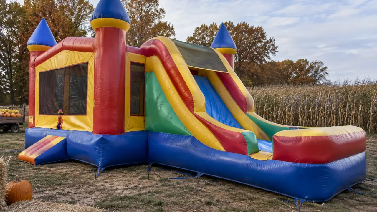 Inflatable slide combo unit anchored on uneven farm terrain near a corn maze