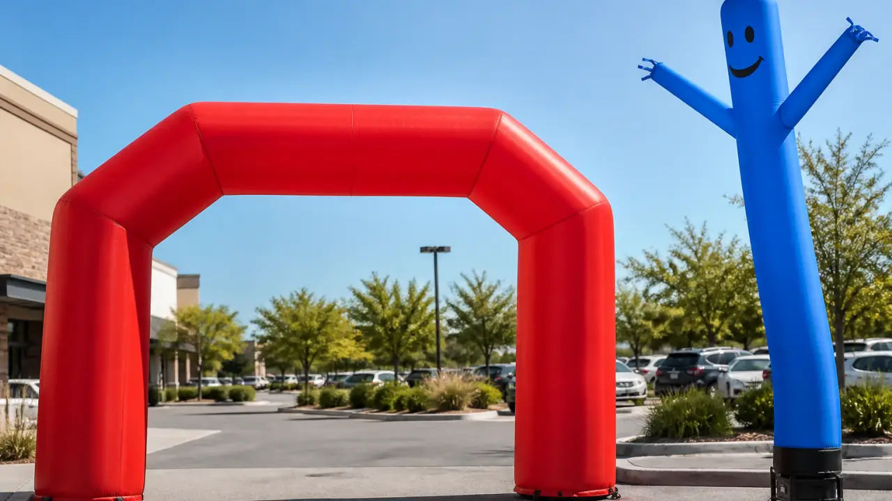 Inflatable arch and air dancer positioned at a retail store parking lot entrance