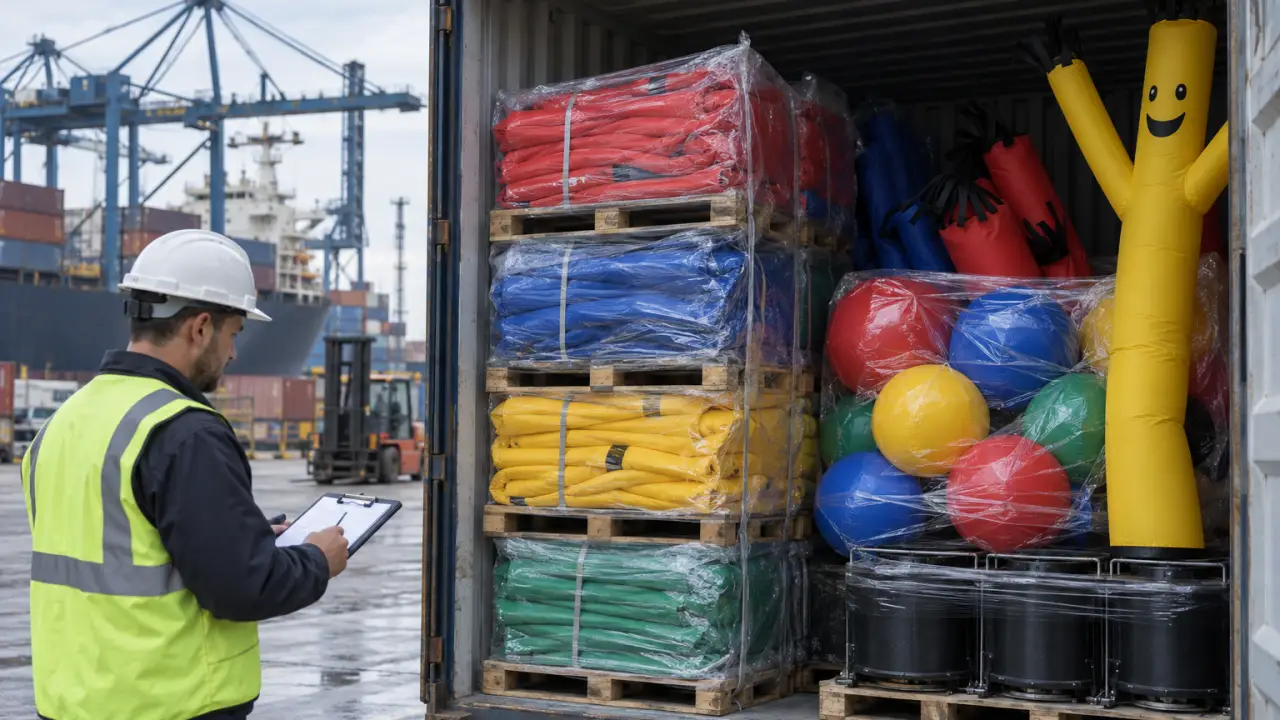 Dock worker inspecting a shipping container of palletized advertising inflatables