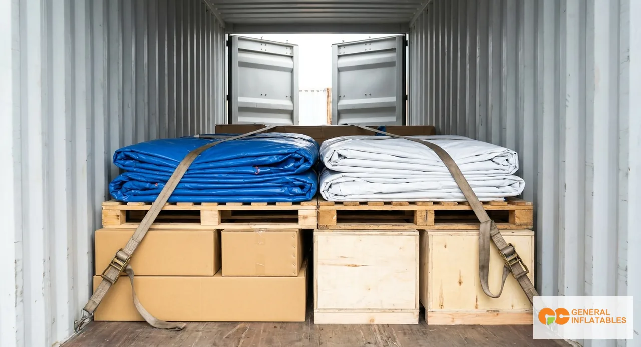 Inside view of a 40ft HQ shipping container partially loaded with folded commercial inflatables stacked on pallets with blower boxes and anchor kits on the floor