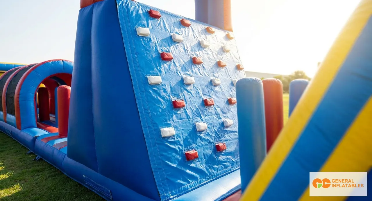 Side view of a long commercial inflatable obstacle course set up on grass with multiple modules: tunnel entrance, climbing wall in the middle, pop-up bumpers, pursuit lanes, and exit slide at the far end