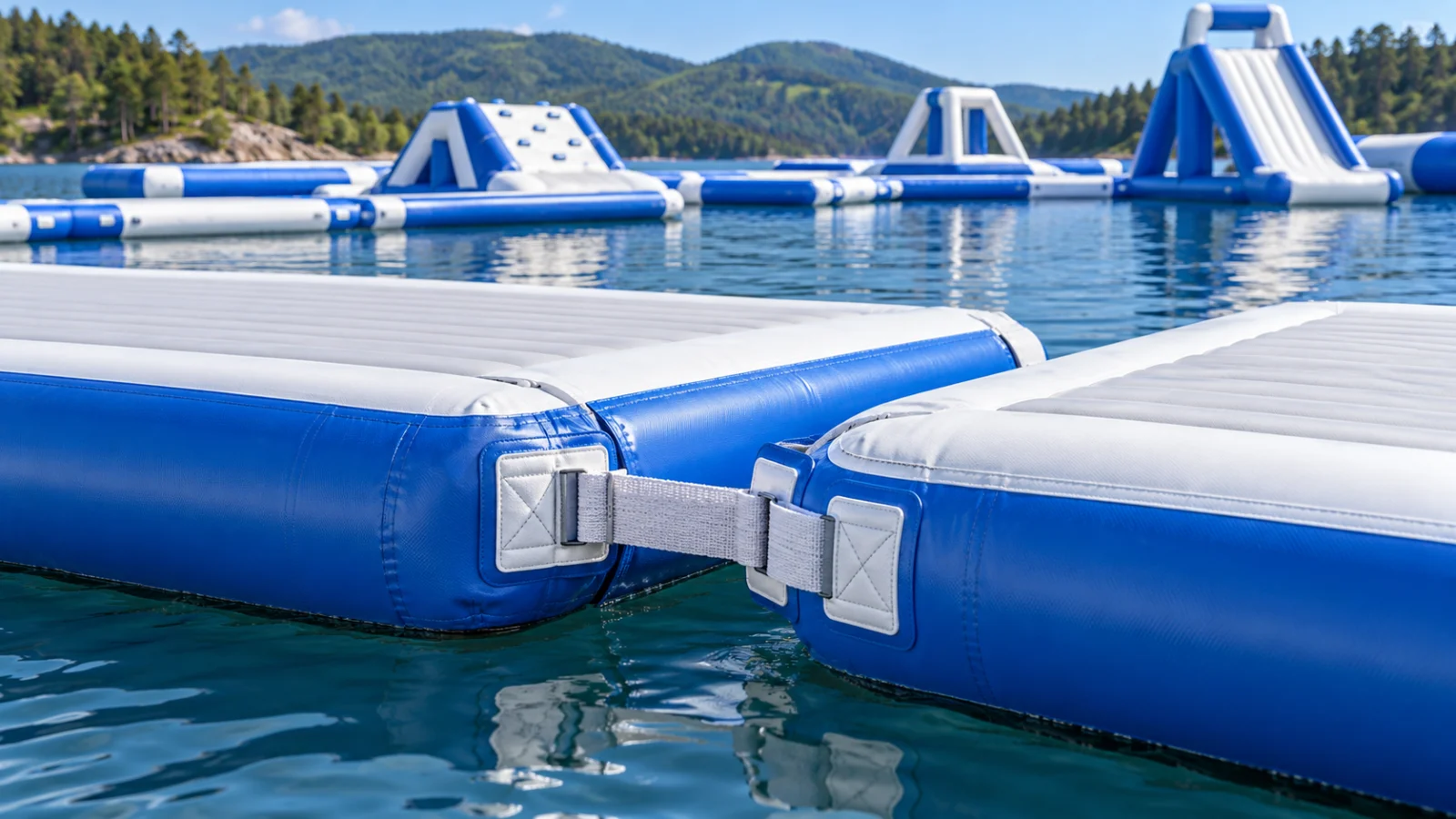 Connection straps between floating inflatable water park walkway modules