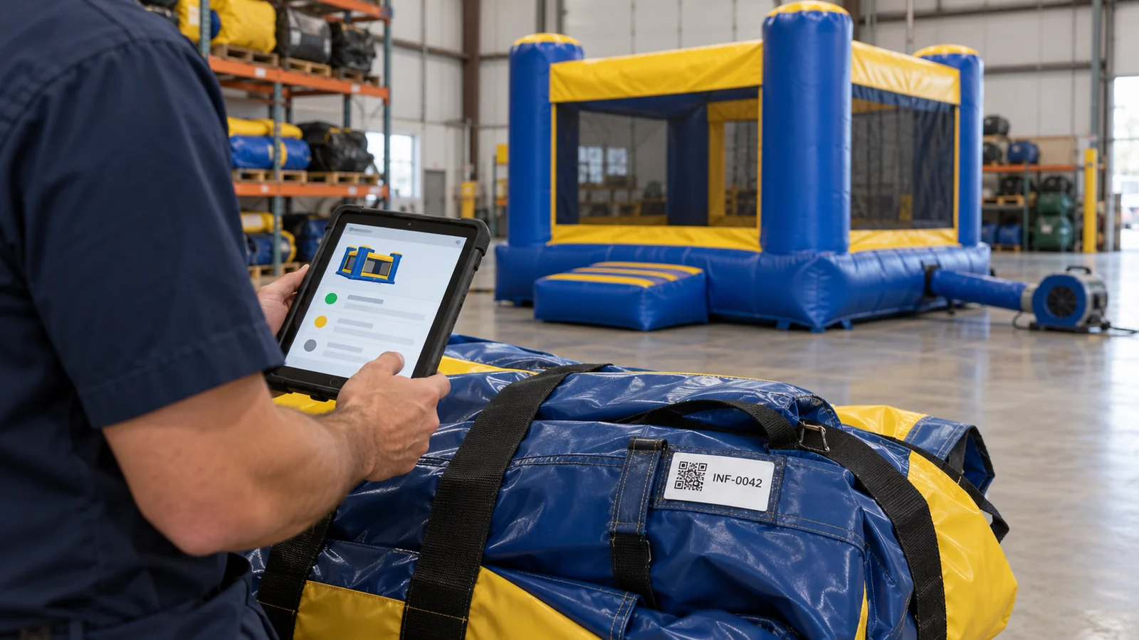 Concept illustration of a warehouse worker checking an inflatable asset record beside an identified carry bag