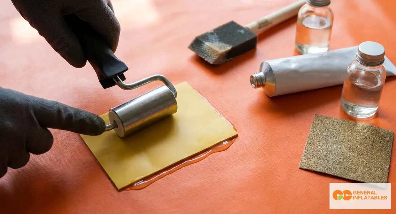 Close-up of a commercial inflatable cold-patch repair in progress on a navy blue PVC surface — patch material being rolled flat with a hand roller after PVC adhesive application