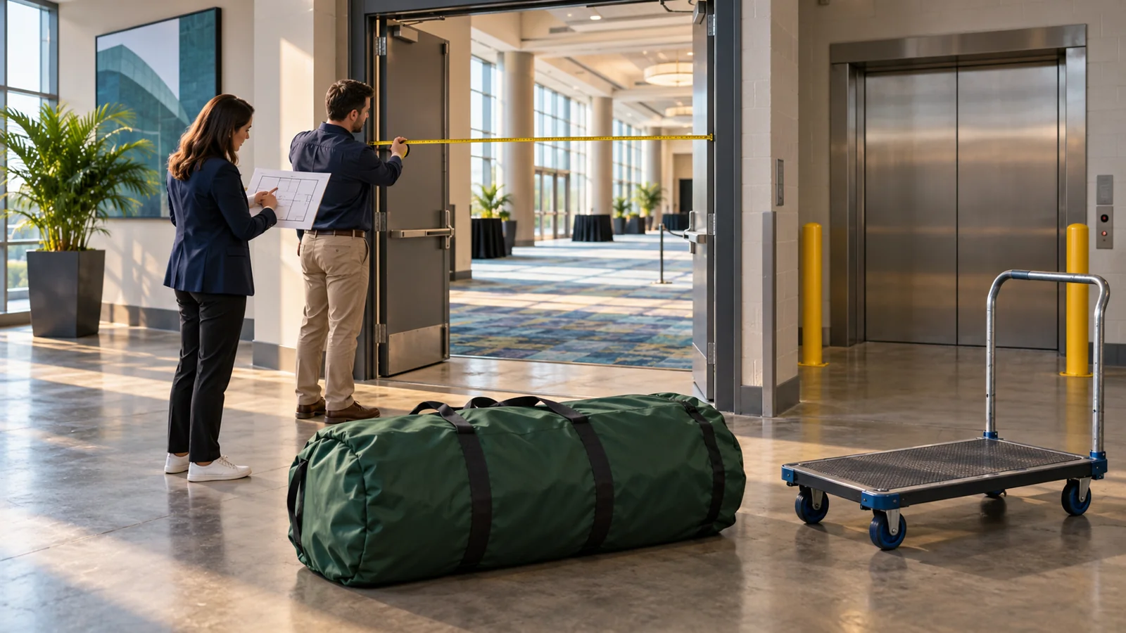 Concept illustration of a venue access survey with packed equipment.