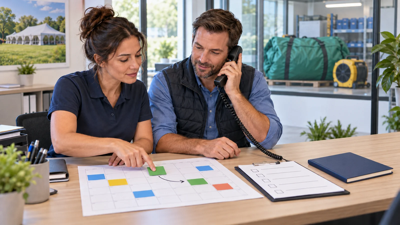 Concept illustration of rental order rescheduling and customer communication.