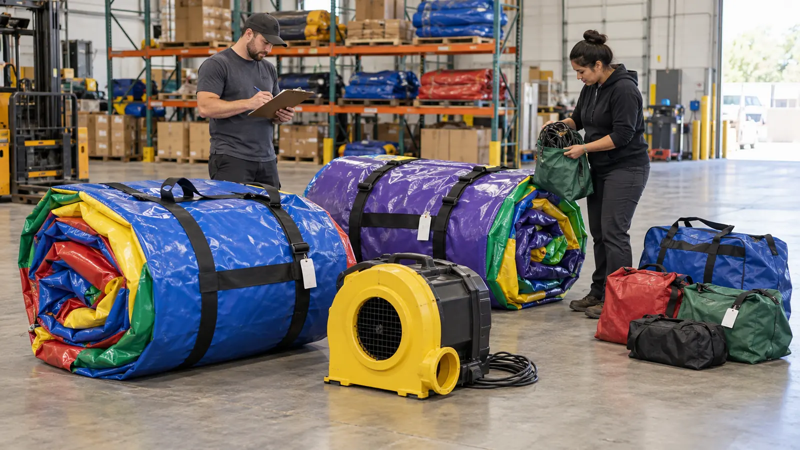 Warehouse staff matching returned inflatable rental equipment to an order record.