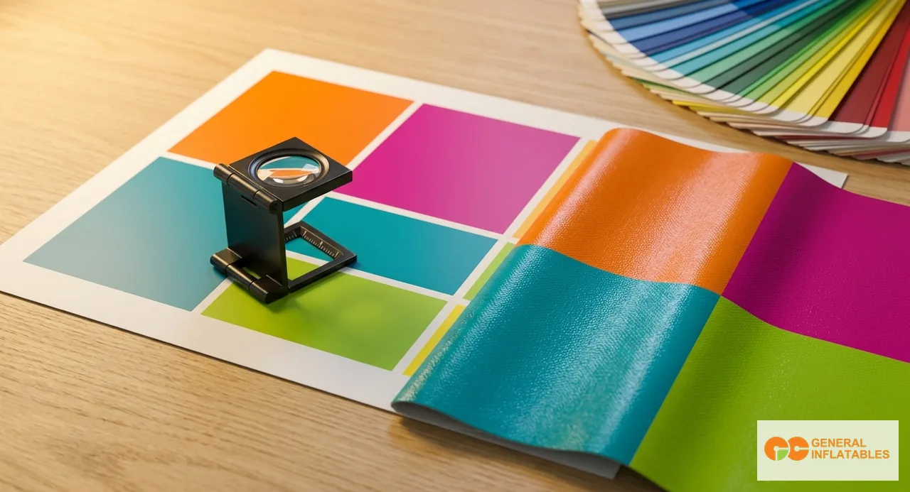 Factory project manager holding a printed digital proof PDF next to a pre-production sample of a custom-branded commercial bouncer panel, comparing color match in natural daylight
