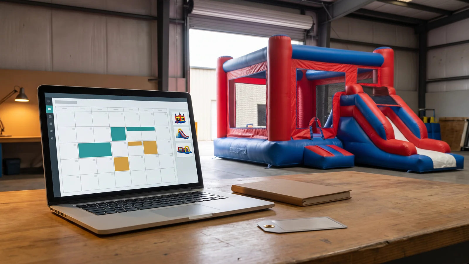 AI-generated editorial illustration of rental software evaluation beside commercial inflatable equipment.