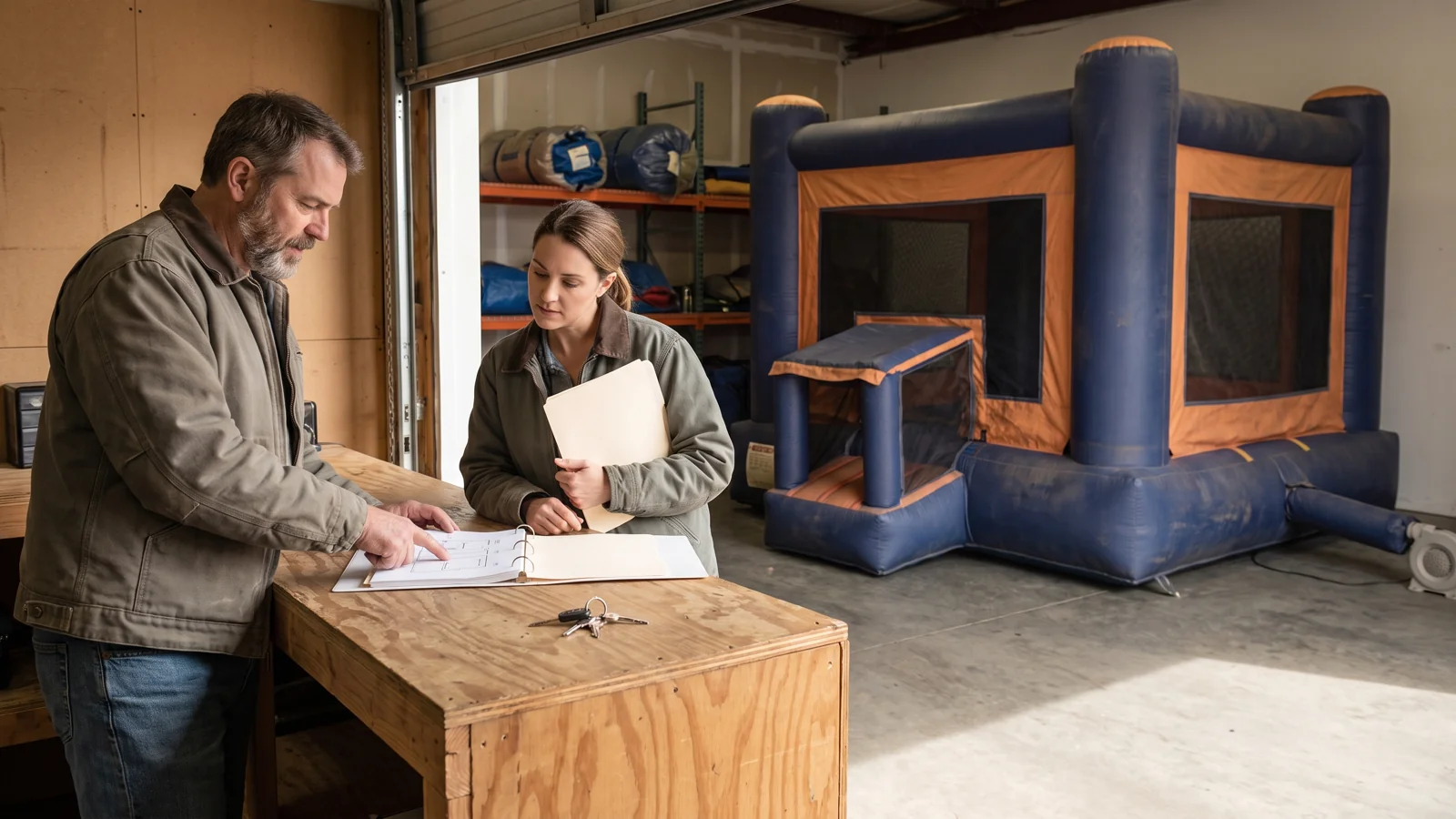 Two adults review business handover records beside commercial inflatable rental equipment; AI editorial illustration.