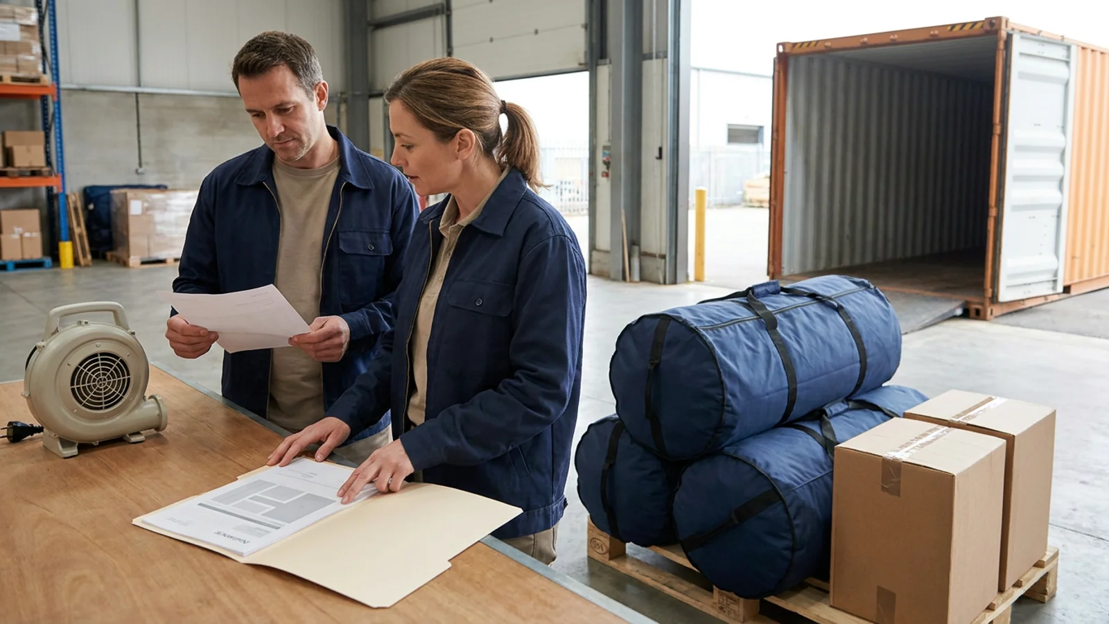 Logistics staff compare shipment documents beside packed commercial inflatable equipment and an open shipping container; AI editorial illustration.