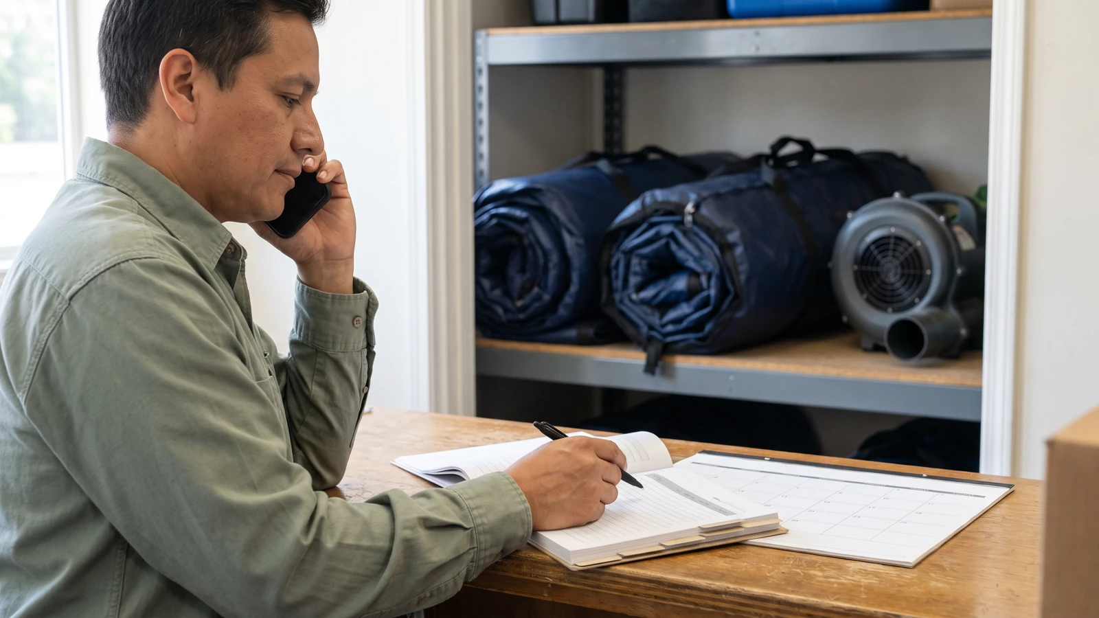 An inflatable rental coordinator reviews a waiting-request register while speaking to a customer, beside stored inflatable equipment; AI editorial illustration.