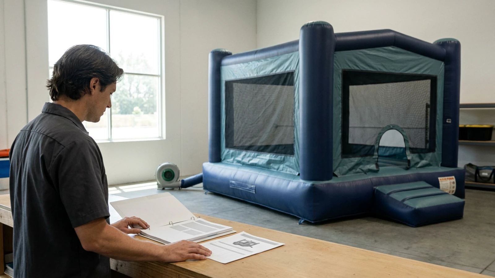 An inflatable rental coordinator compares an equipment schedule and preparation binder beside an empty commercial bounce house; AI editorial illustration.