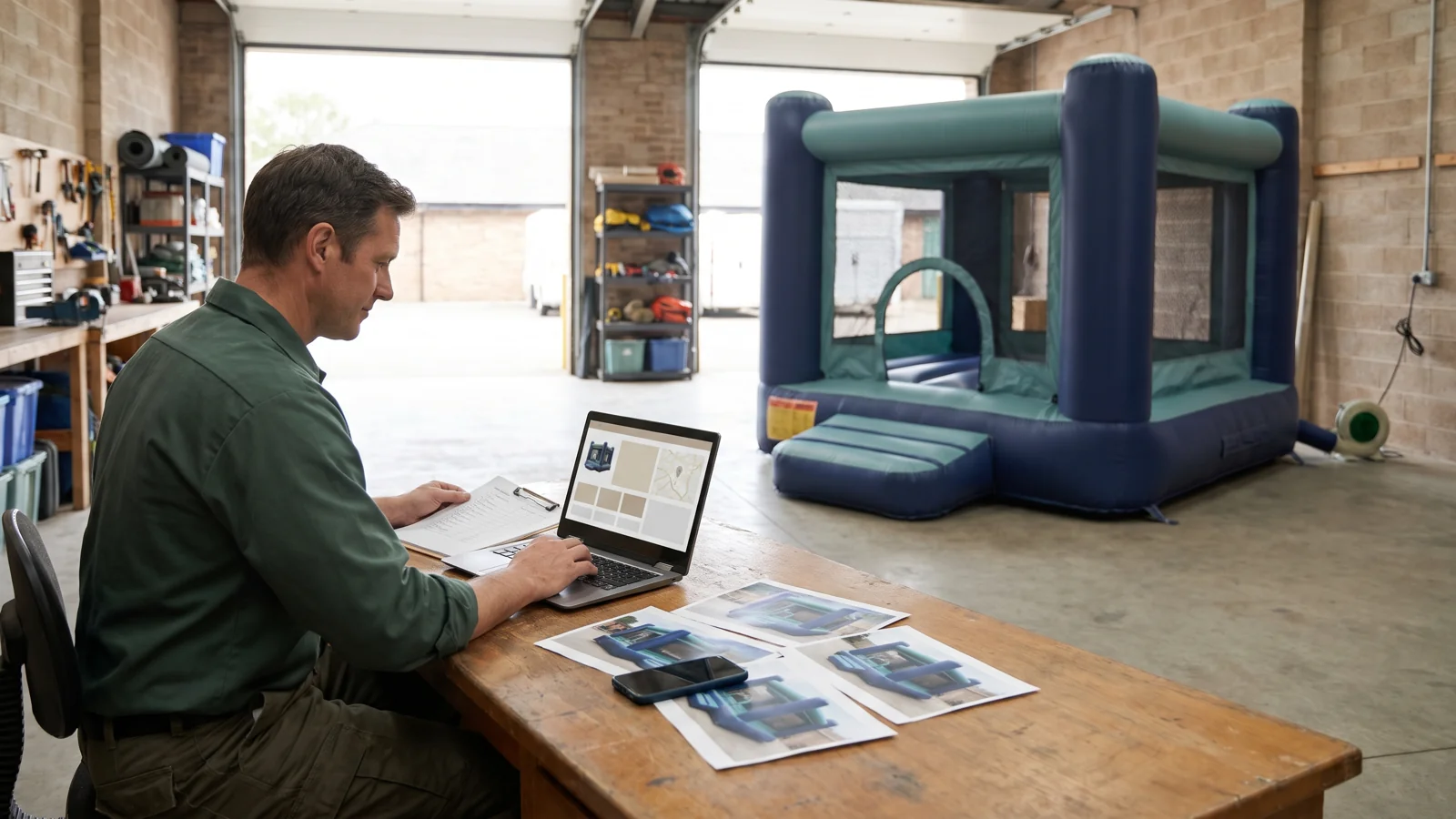 An inflatable rental operator checks business information on a laptop beside photographs of an empty bounce house in a rental depot; AI-generated editorial illustration.