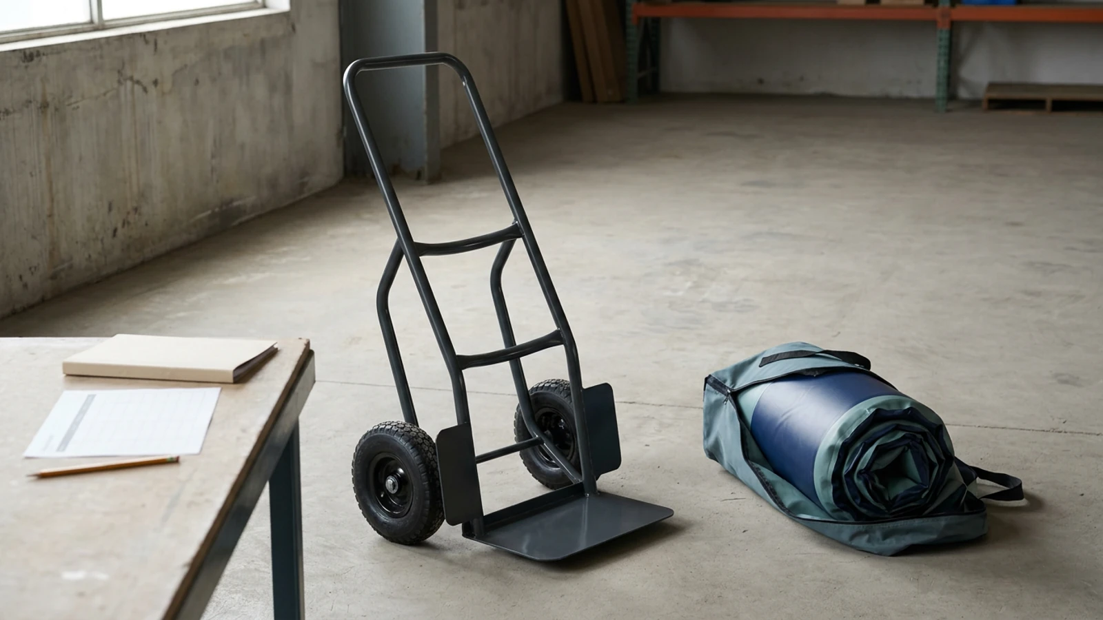 An unbranded empty hand truck beside a separately packed inflatable in a depot; AI-generated conceptual illustration, not a product offered by Inflatablecn.