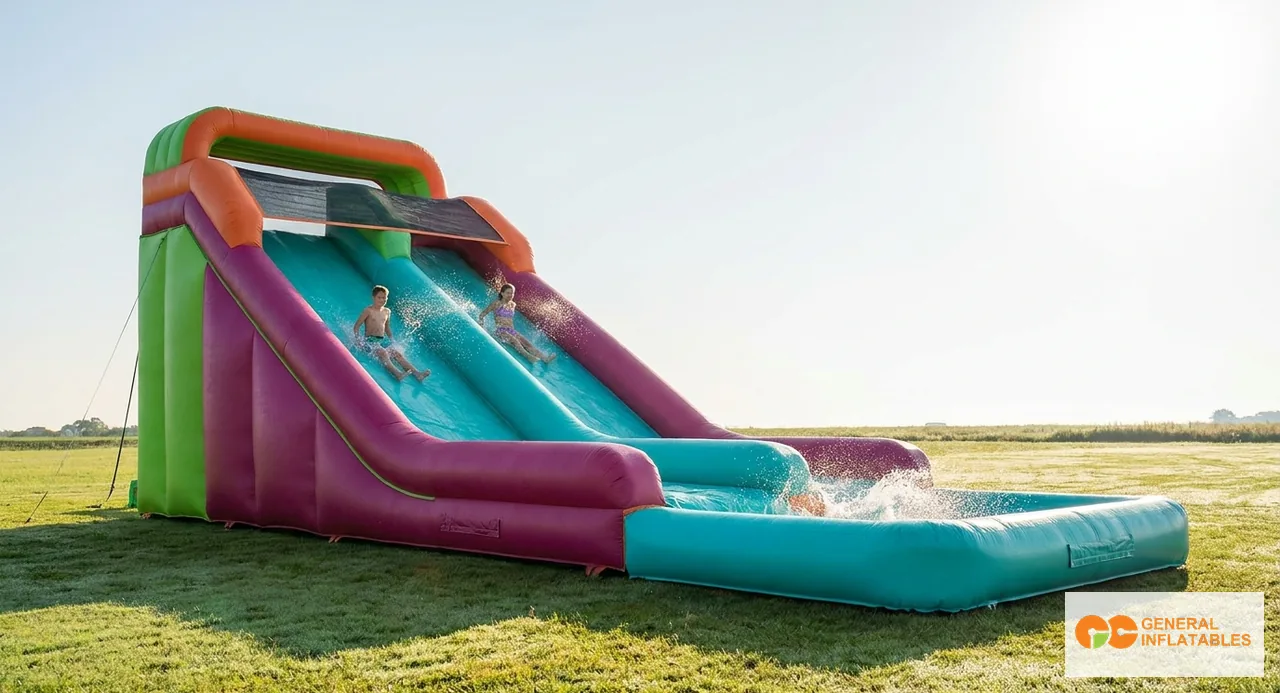Side view of a dual-lane commercial inflatable slide deployed on grass, approximately 10 meters tall, two parallel slide lanes in blue and white with red trim, two riders mid-slide for scale