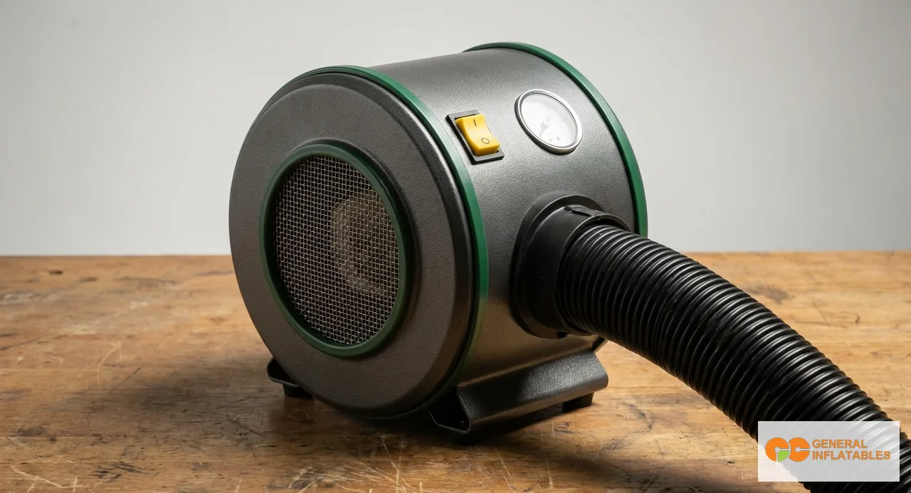 Side view of a commercial 1.5 HP inflatable blower on grass next to its connection hose feeding into a deployed bounce house, with airflow ducting clearly visible