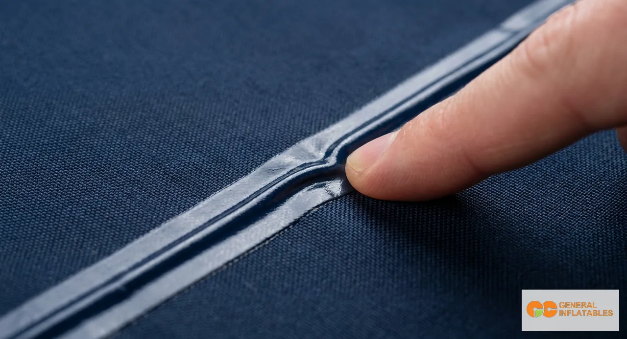 Macro close-up showing a clean welded PVC seam on the left half of the frame versus a sewn seam with visible parallel thread rows on the right half, both samples in the same blue PVC fabric for comparison