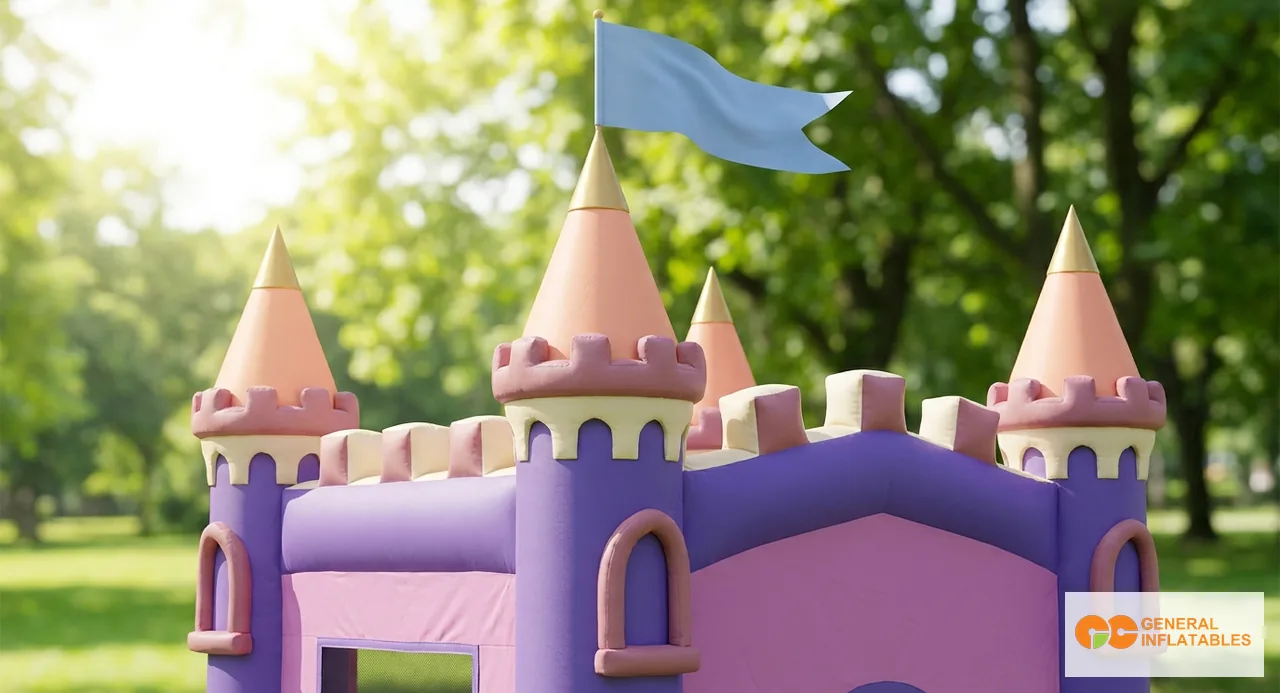 Two themed commercial inflatable castles side by side at a family event — a princess castle with pink turrets and arched walls on the left, a pirate ship castle with mast and sail elements on the right