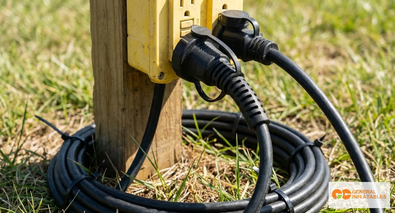 Outdoor event power distribution hub showing a commercial generator connected to multiple thick orange extension cables routing to nearby inflatable bouncer blowers, with a power monitoring meter visible on the generator panel