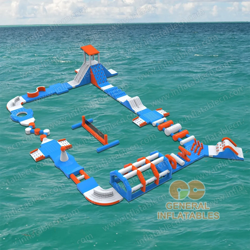 GW-200 Parque acuático inflable de tamaño mediano en venta – Circuito de obstáculos flotante azul y naranja