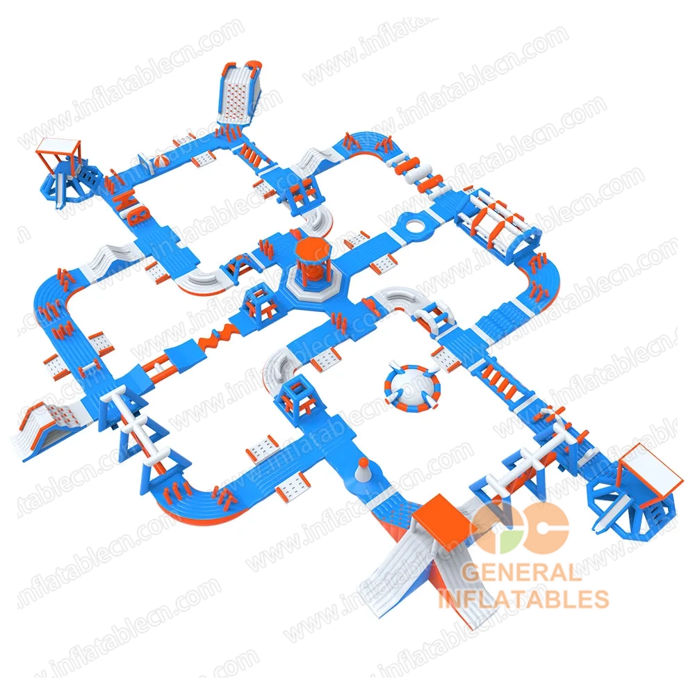 GW-204 Parque Acuático Inflable Gigante Certificado TUV – Aventura Flotante Modular en Azul y Naranja Personalizable