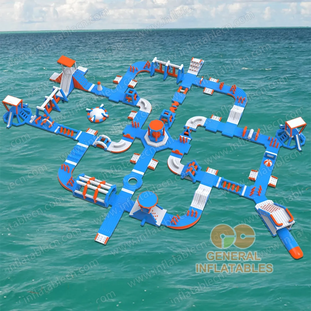GW-204 Parque Acuático Inflable Gigante Certificado TUV – Aventura Flotante Modular en Azul y Naranja Personalizable