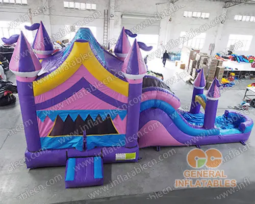  Castillo inflable combinado de color morado y rosa con tobogán húmedo/seco