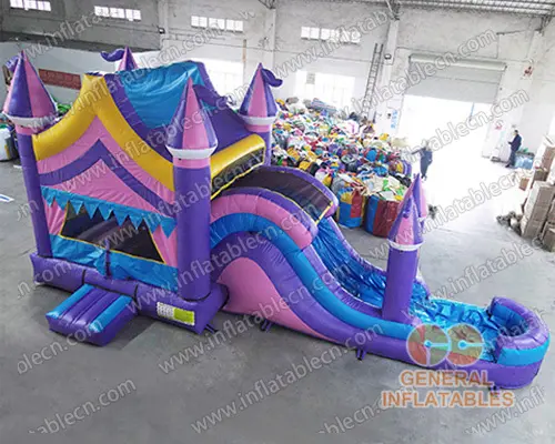 GWC-086 Castillo inflable combinado de color morado y rosa con tobogán húmedo/seco