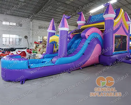 GWC-086 Castillo inflable combinado de color morado y rosa con tobogán húmedo/seco